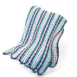 VNT Crochet Blanket Throw Afghan 68.x37 Blue White Stripes Scallop Hippie Granny